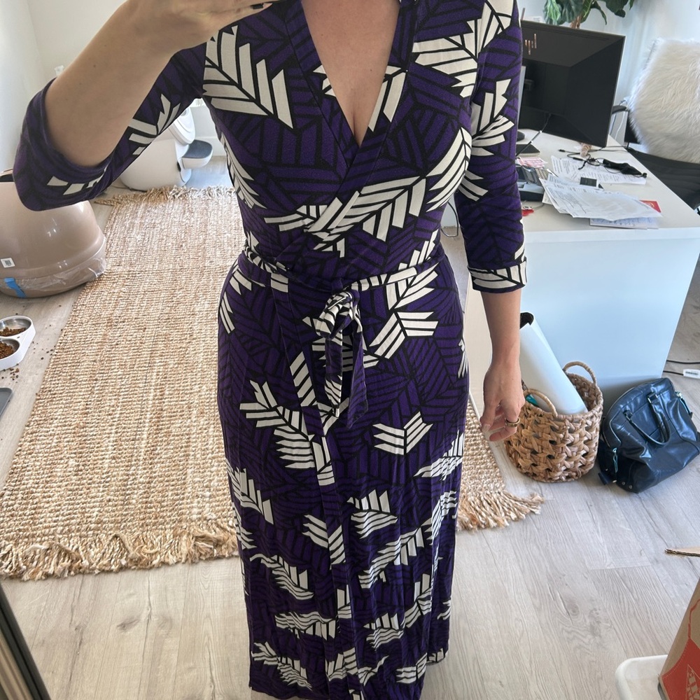 Diane Von Furstenberg Purple and Cream Geometric Wrap Dress